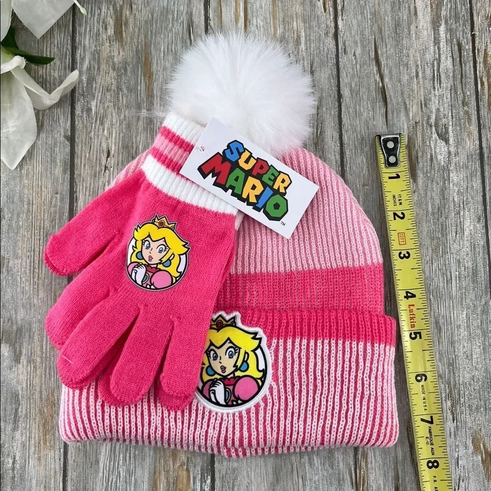 Girls Super Mario Princess Peach Pink Winter Hat and Gloves Set